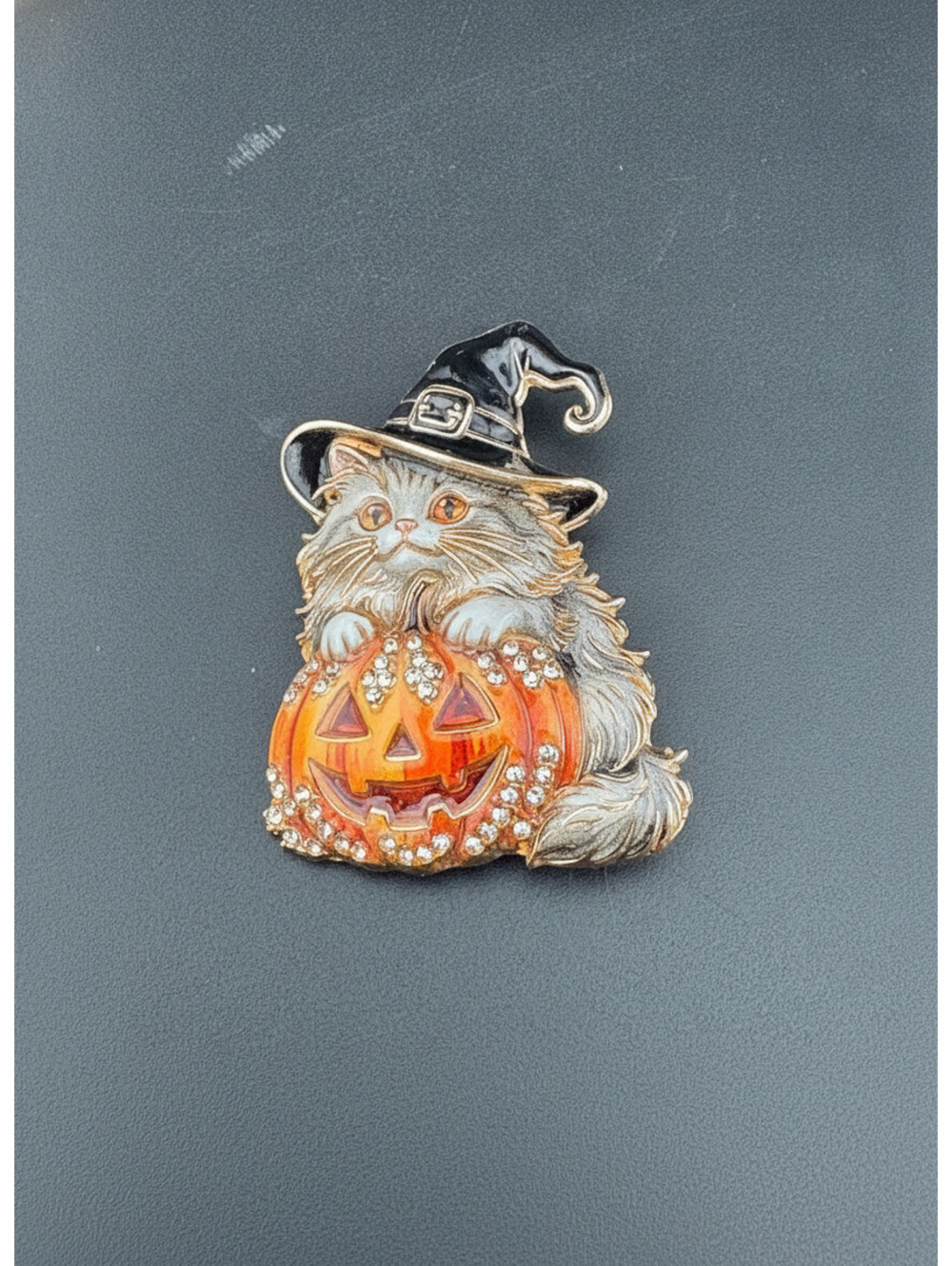 Halloween Cat and Pumpkin Brooch Pin with Witch Hat